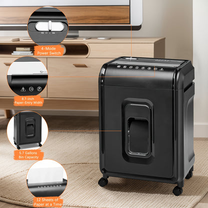 5.7-Gallon Heavy-Duty Cross-Cut Shredder – 12-Sheet Capacity, P-4 Security, Multi-Mode for Paper, Cards, CDs, Staples – Anti-Jam, Easy-Empty Bin