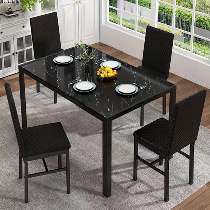 5 Piece Modern Luxurious Dining Room Table Set - Tempered Glass Top, Metal Frame, Faux Leather Chairs, Counter Height for 4 Person Breakfast Nook
