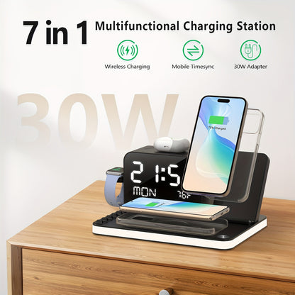 7 in 1 Dual Phone Wireless Charging Station with Night Light – Phone Holder, Time Sync, Week & Temperature Display, 30W Adapter for iPhone, AirPods, and iWatch, Fast Charging Dock with USB-C and USB-A Output