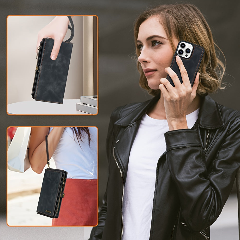 MEGSHI Faux Leather Wallet Phone Case for iPhone - Card Slots, Lanyard, Magnetic Detachable Cover, Zipper Pocket and Cash Slot