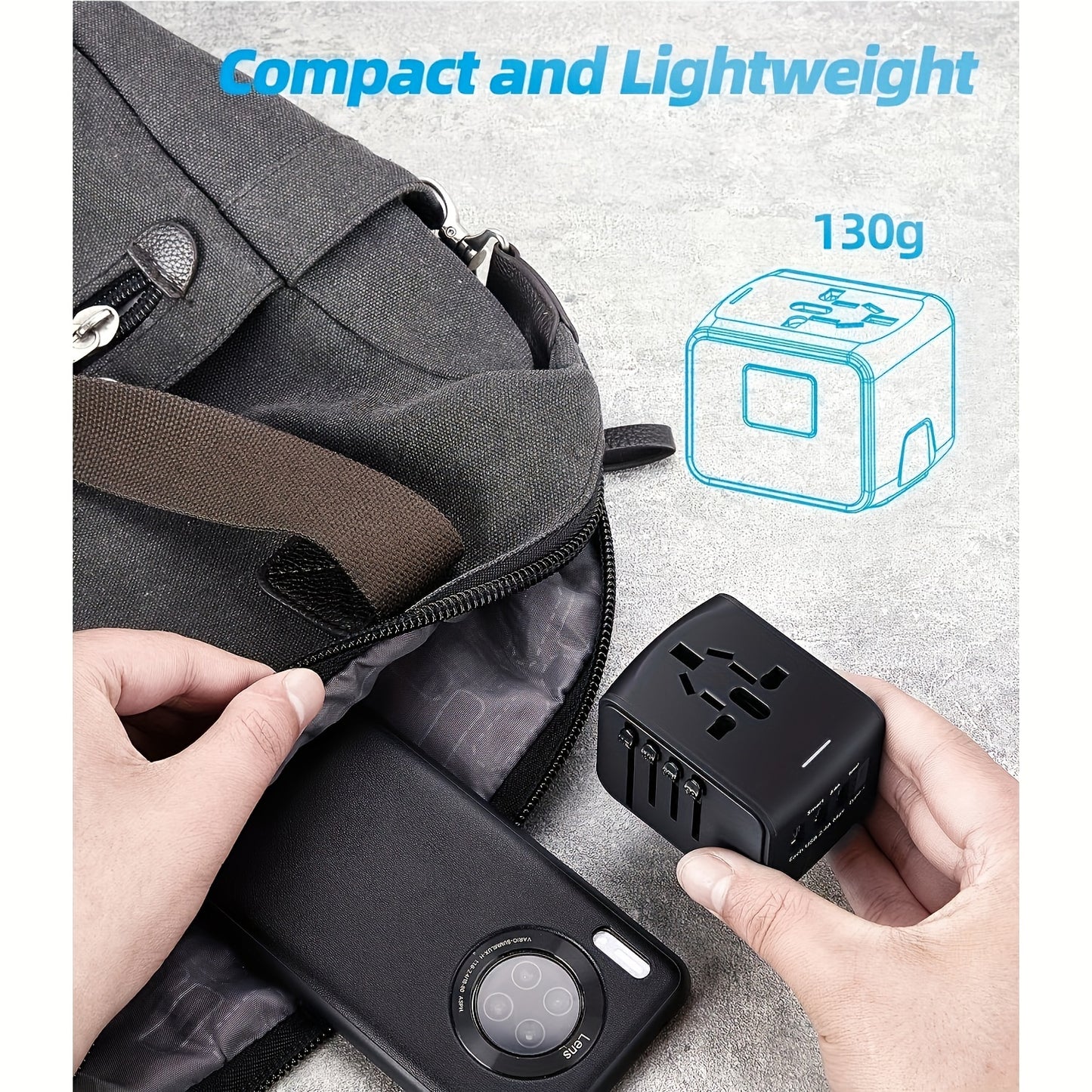 3 Port Universal Travel Adapter with Type-C and AC Socket – Compact Worldwide Plug for Charging Laptops, Phones, Tablets – Black, Safe, Reliable for International Travel