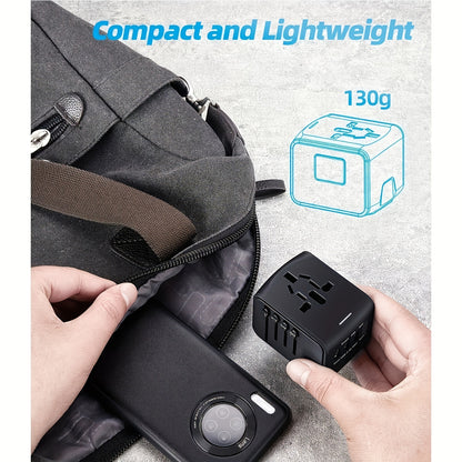 3 Port Universal Travel Adapter with Type-C and AC Socket – Compact Worldwide Plug for Charging Laptops, Phones, Tablets – Black, Safe, Reliable for International Travel