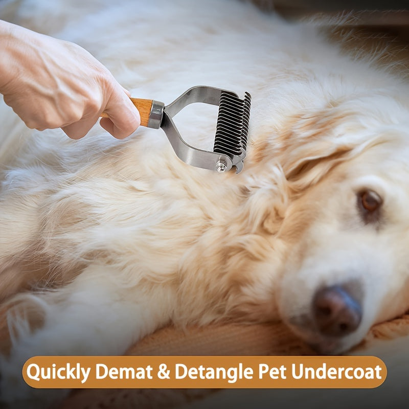 2 in 1 Pet Dematting Comb for Dogs & Cats - Stainless Steel Deshedding Brush with Wooden Handle, Removes Tangles & Loose Undercoat
