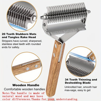 2 in 1 Pet Dematting Comb for Dogs & Cats - Stainless Steel Deshedding Brush with Wooden Handle, Removes Tangles & Loose Undercoat