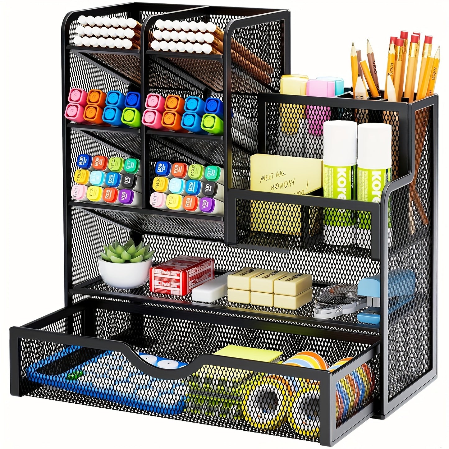 JMHUD Versatile Pencil Organizer – Mesh Pen Holder with Drawer for Desk – Enhanced Desk Organizer for Office and Art Supplies (Black)