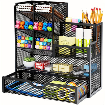 JMHUD Versatile Pencil Organizer – Mesh Pen Holder with Drawer for Desk – Enhanced Desk Organizer for Office and Art Supplies (Black)