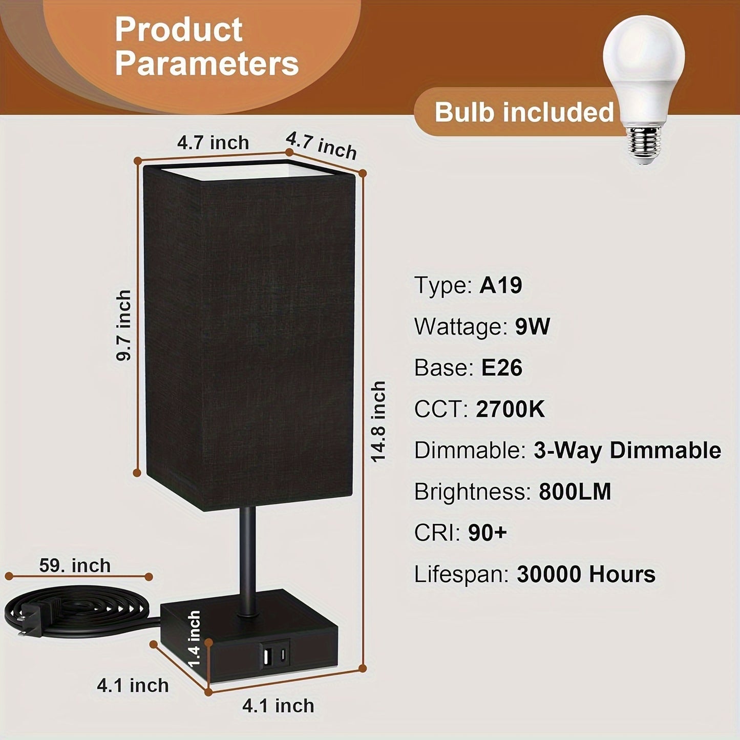 Set of 2 Bedside Table Lamps - Touch Control, USB C+A Charging Ports, 3-Way Dimmable, LED Bulbs , Upgraded Black for Bedroom Decor