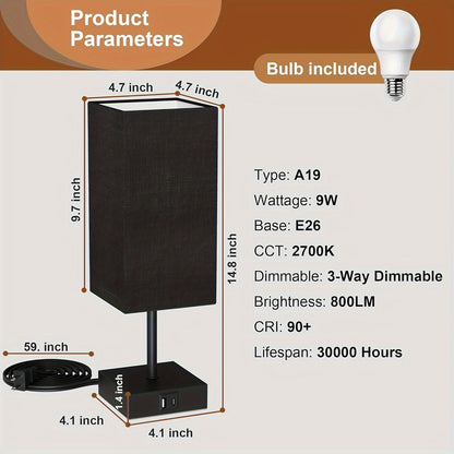 Set of 2 Bedside Table Lamps - Touch Control, USB C+A Charging Ports, 3-Way Dimmable, LED Bulbs , Upgraded Black for Bedroom Decor