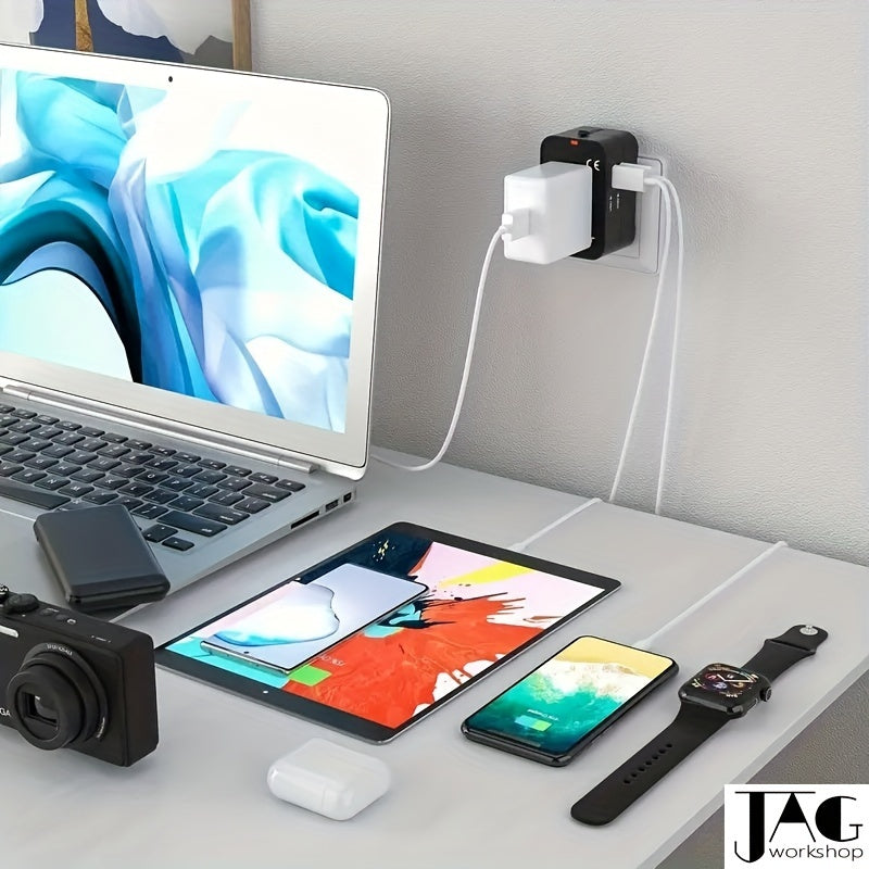 Universal Travel Adapter with Dual USB Ports - All-In-One Wall Charger with US/EU/UK/AU Plugs, 110V-240V Input, Surge Protection, Compatible with iPhone, Samsung, Tablets for Over 150 Countries