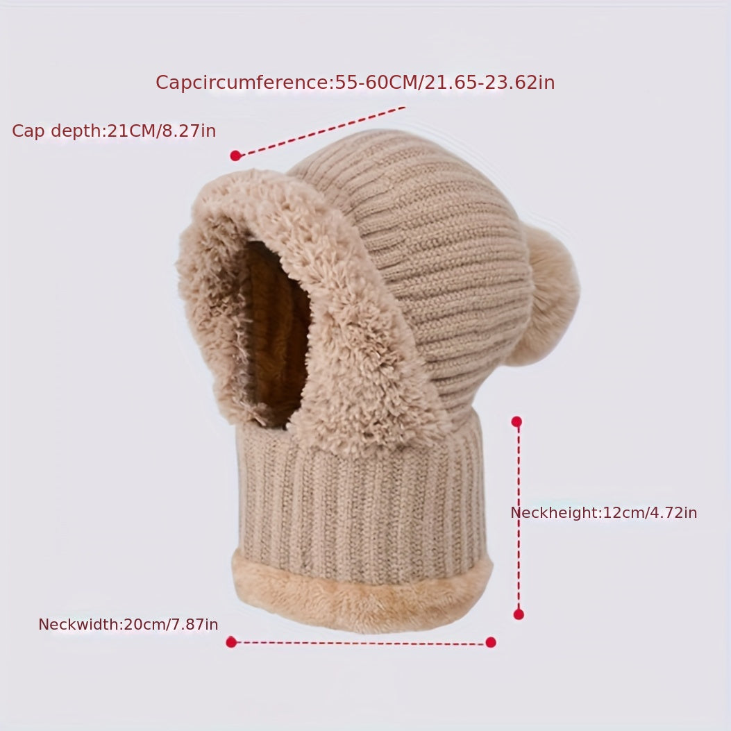Winter Knit Hat with Fleece Lining & Ear Flaps - 3 in 1 Beanie Scarf Mask Set, Windproof & Warm Neck Warmer for Cycling
