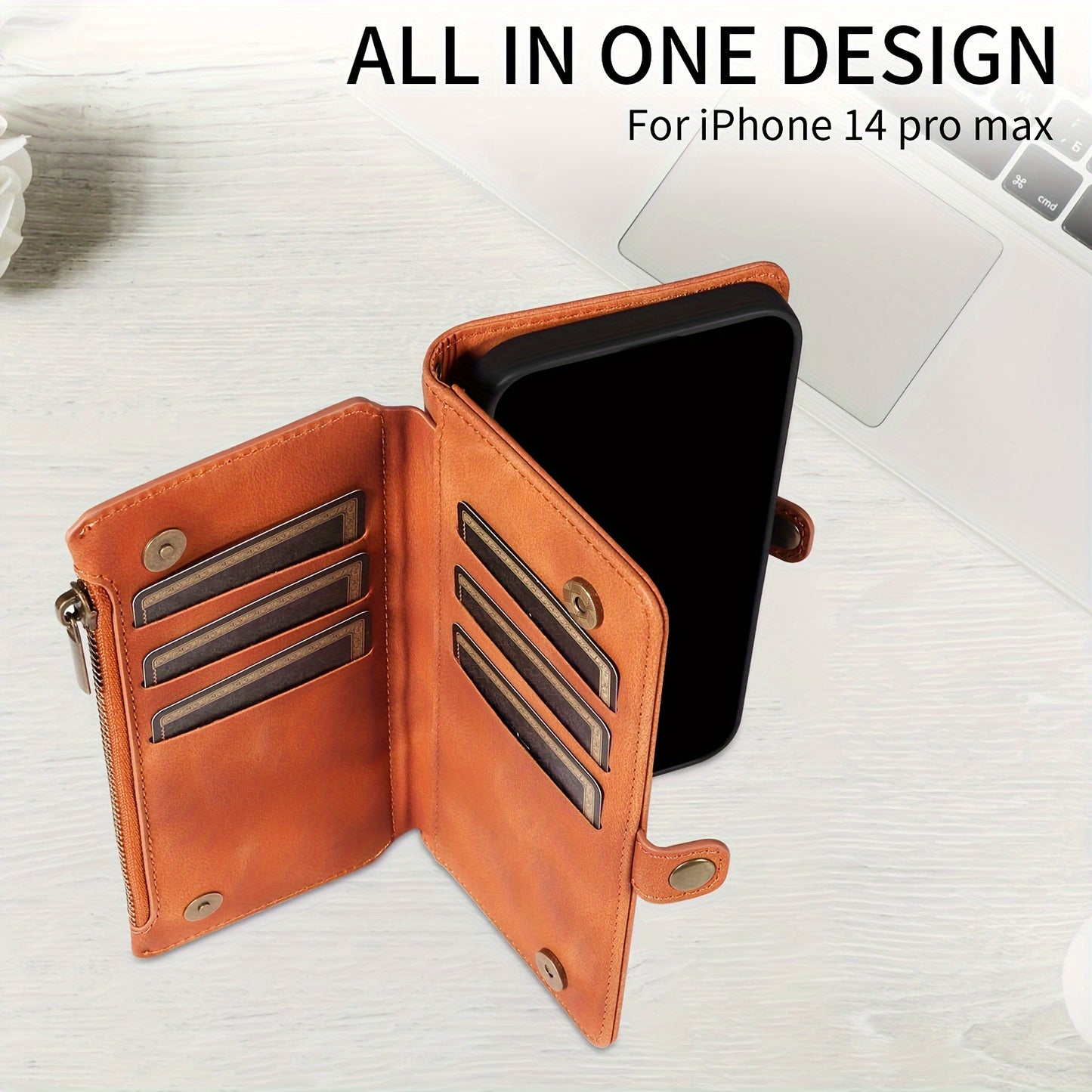 iPhone 15/14/13/12/11 Pro Max Wallet Case – PU Faux Leather Blocking Case with 9 Credit Card Holders, Zipper Closure, Protective Cover for Men & Women