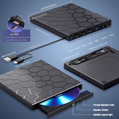 8-in-1 Ultra-Slim Portable External CD/DVD Drive – High-Speed USB 3.0 DVD Player and CD Burner for Laptop and Desktop – Compatible with Mac, Windows 11/10/8/7, Linux