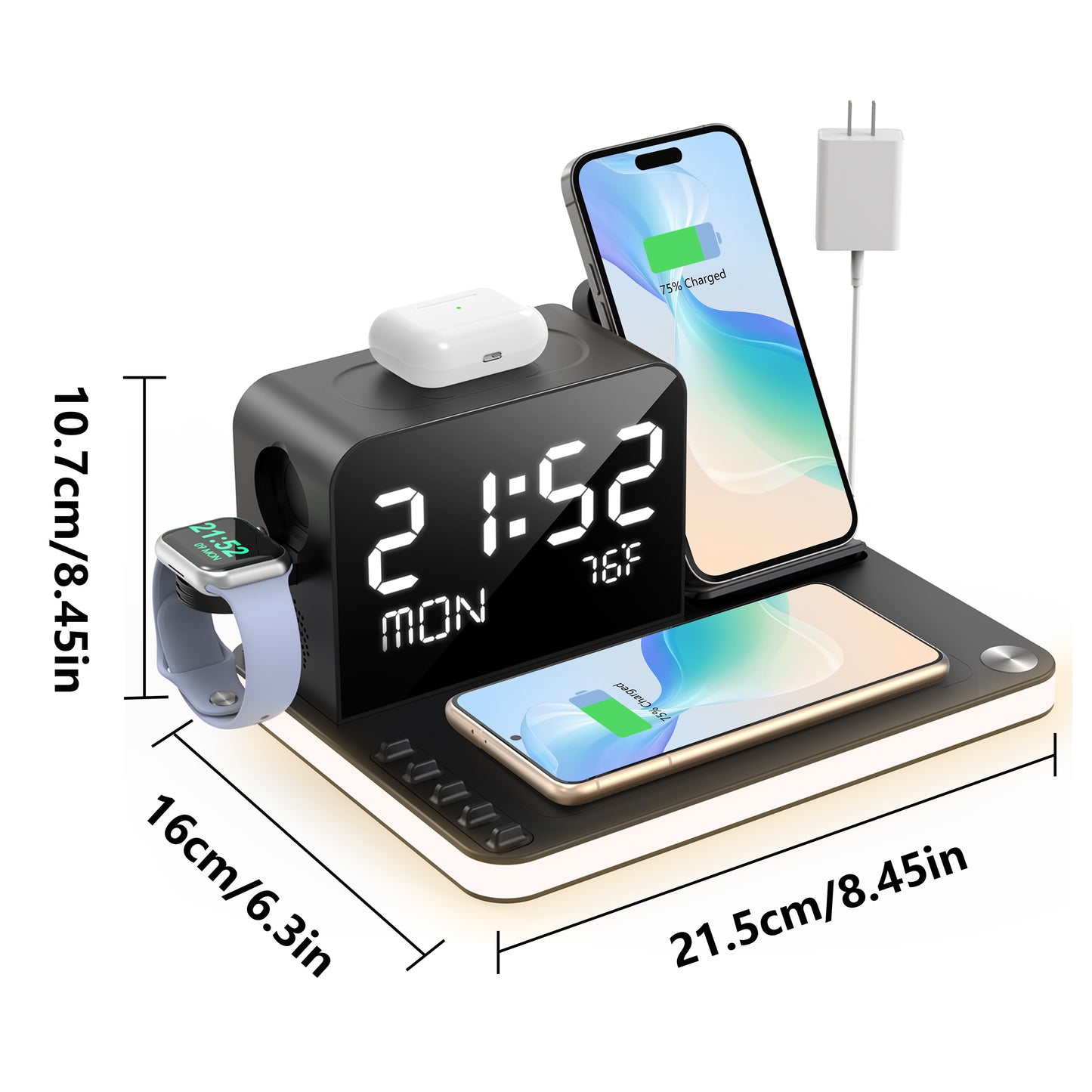 7 in 1 Dual Phone Wireless Charging Station with Night Light – Phone Holder, Time Sync, Week & Temperature Display, 30W Adapter for iPhone, AirPods, and iWatch, Fast Charging Dock with USB-C and USB-A Output