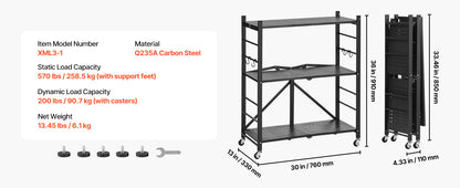 SucceBuy 3-6 Tier Black Foldable Storage Shelf — Wheeled Metal Rack Organizer for Kitchen & Garage