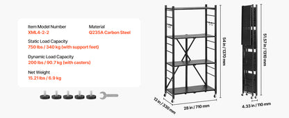 SucceBuy 3-6 Tier Black Foldable Storage Shelf — Wheeled Metal Rack Organizer for Kitchen & Garage