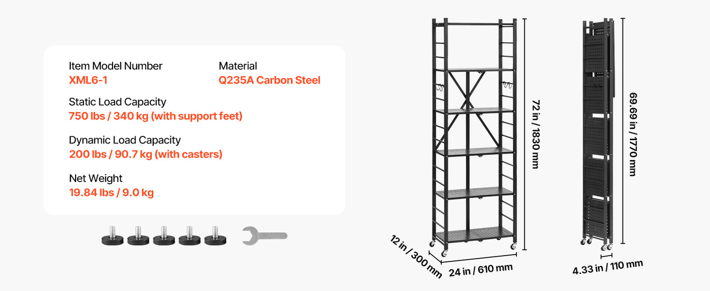 SucceBuy 3-6 Tier Black Foldable Storage Shelf — Wheeled Metal Rack Organizer for Kitchen & Garage