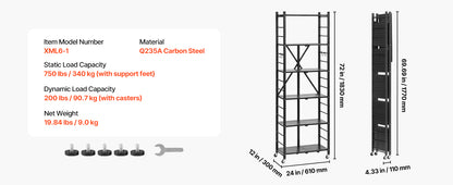 SucceBuy 3-6 Tier Black Foldable Storage Shelf — Wheeled Metal Rack Organizer for Kitchen & Garage