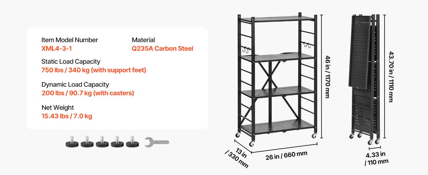 SucceBuy 3-6 Tier Black Foldable Storage Shelf — Wheeled Metal Rack Organizer for Kitchen & Garage