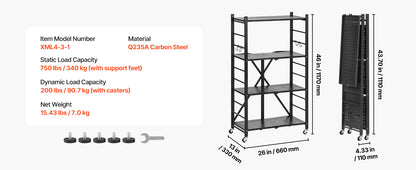 SucceBuy 3-6 Tier Black Foldable Storage Shelf — Wheeled Metal Rack Organizer for Kitchen & Garage