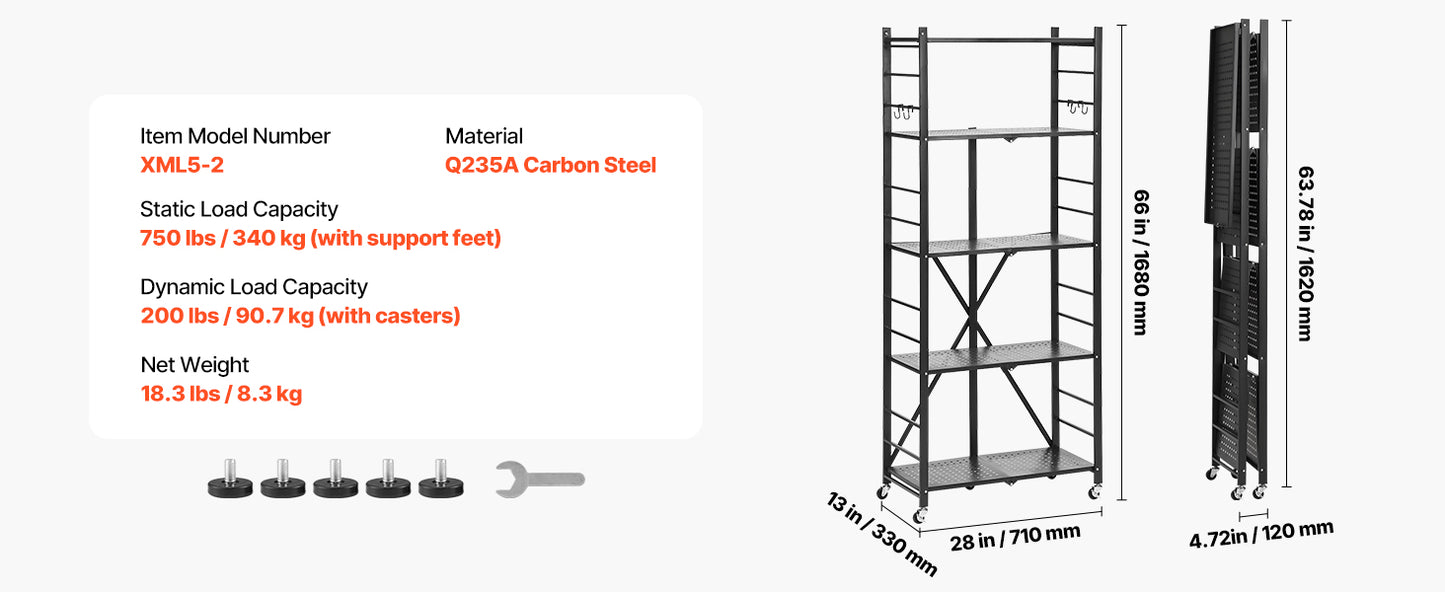 SucceBuy 3-6 Tier Black Foldable Storage Shelf — Wheeled Metal Rack Organizer for Kitchen & Garage