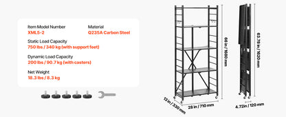 SucceBuy 3-6 Tier Black Foldable Storage Shelf — Wheeled Metal Rack Organizer for Kitchen & Garage