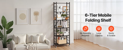 SucceBuy 3-6 Tier Black Foldable Storage Shelf — Wheeled Metal Rack Organizer for Kitchen & Garage