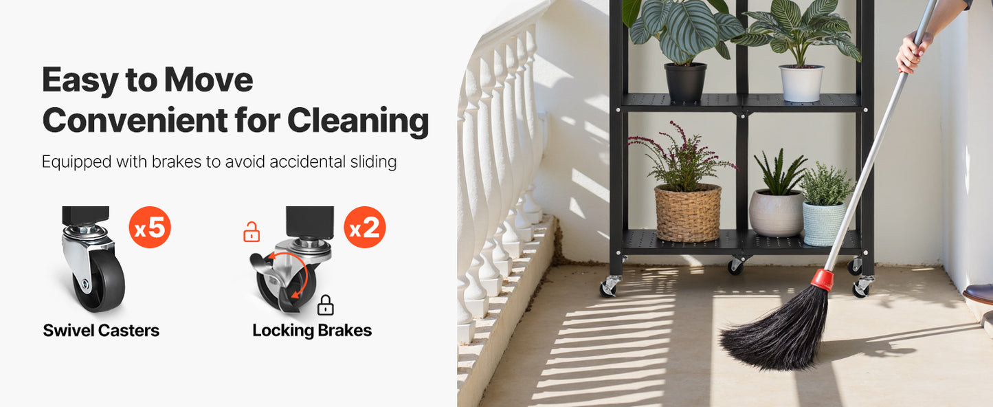 SucceBuy 3-6 Tier Black Foldable Storage Shelf — Wheeled Metal Rack Organizer for Kitchen & Garage