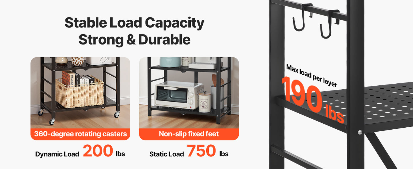 SucceBuy 3-6 Tier Black Foldable Storage Shelf — Wheeled Metal Rack Organizer for Kitchen & Garage