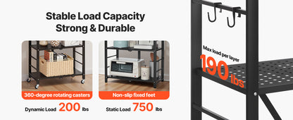 SucceBuy 3-6 Tier Black Foldable Storage Shelf — Wheeled Metal Rack Organizer for Kitchen & Garage