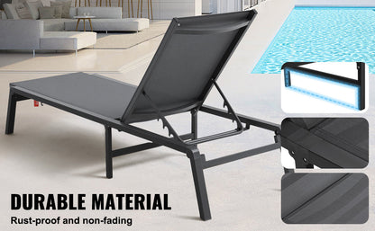 SucceBuy Outdoor Aluminum Chaise Lounge Chair — Folding Patio Pool Recliner, Full Flat Sun Lounger in Dark Grey