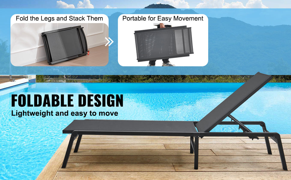 SucceBuy Outdoor Aluminum Chaise Lounge Chair — Folding Patio Pool Recliner, Full Flat Sun Lounger in Dark Grey