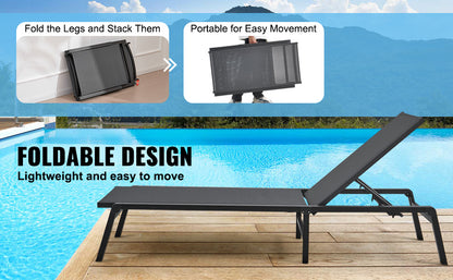 SucceBuy Outdoor Aluminum Chaise Lounge Chair — Folding Patio Pool Recliner, Full Flat Sun Lounger in Dark Grey