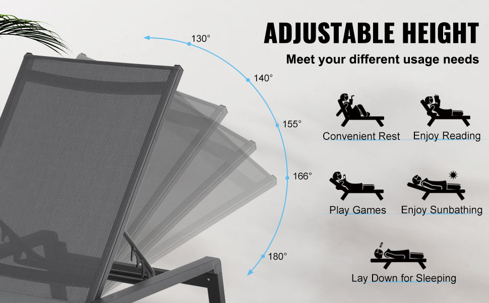 SucceBuy Outdoor Aluminum Chaise Lounge Chair — Folding Patio Pool Recliner, Full Flat Sun Lounger in Dark Grey